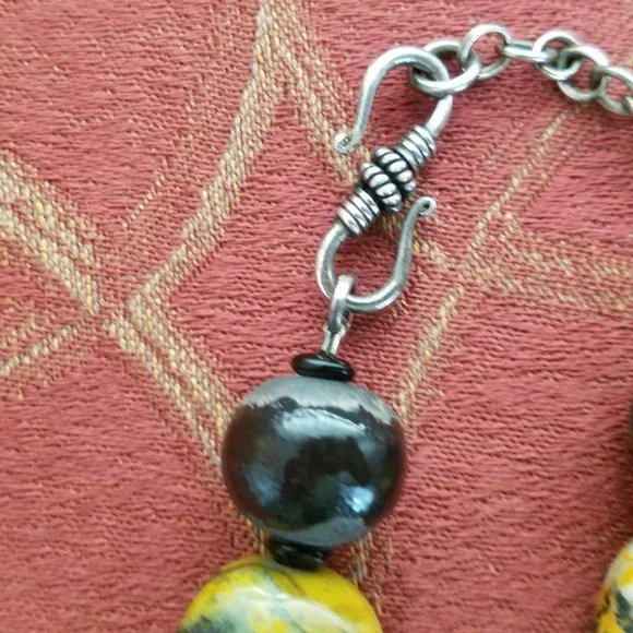 OOAK Yellow Turquoise, Raku Clay and Sterling Silver Beaded Necklace - Picture 4 of 5